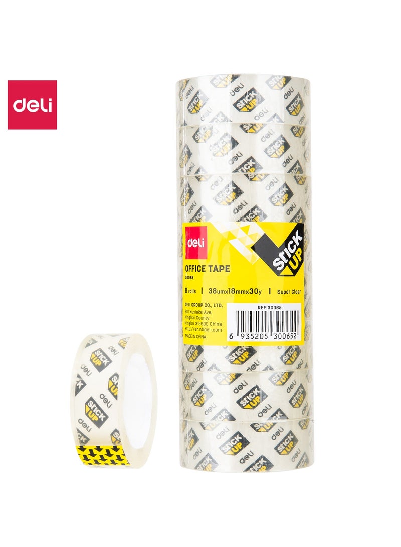 Deli Transparent Stationery Tape - 18mm x 30Y x 38um, 8 Rolls/Tube, E30065 - Image 1