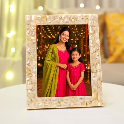 BEHOMA Wood Elegant Mother Of Pearl Handcrafted Rectangular Photo Frame Tabletop | Wooden Picture Frame | Best Gift For Home Decor, Birthday, Anniversary, Valentine'S Day (Off White, 6X8 Inches) - Image 1