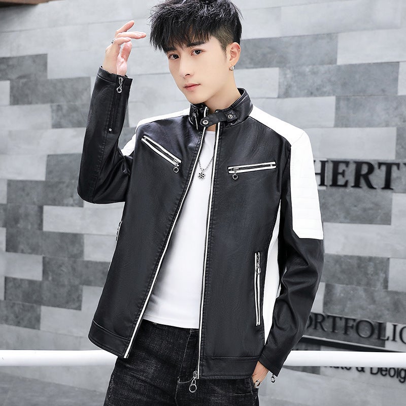 American Style Retro Stitching Contrast Color Biker Clothing New Arrival Leather Clothing Men's Korean Style Bf Loose Handsome fleece-lined Jacket Coat Trendy