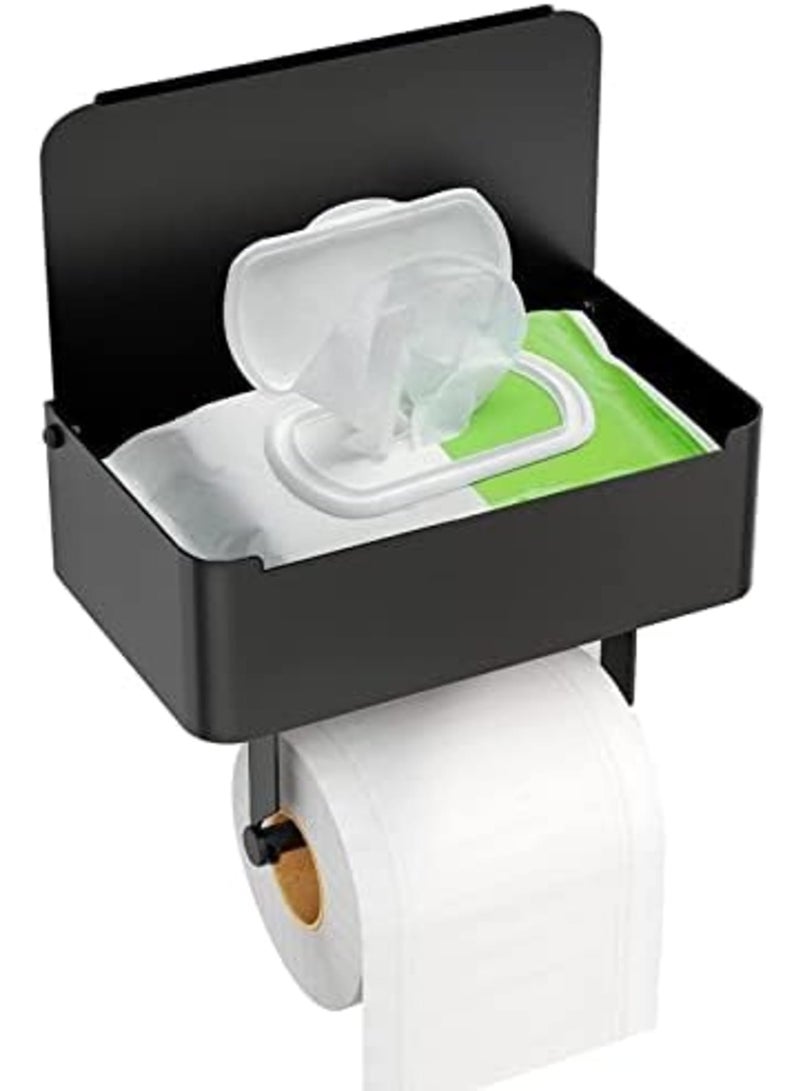 SYOSI Toilet Paper Holder with Shelf, Flushable Wipes Dispenser Fits for Bathroom Wipe Storage, Keep Your Wipes Hidden Out of Sight - Stainless Steel Wall Mount Organizer (Matte Black) - Image 1