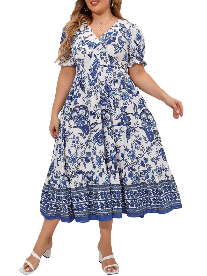 MakeMeChic Women's Plus Size Boho Floral Maxi Dress Curvy Short Sleeve Shirred Squared Neck Flomal Long Dress Blue and White 3XL - Image 1