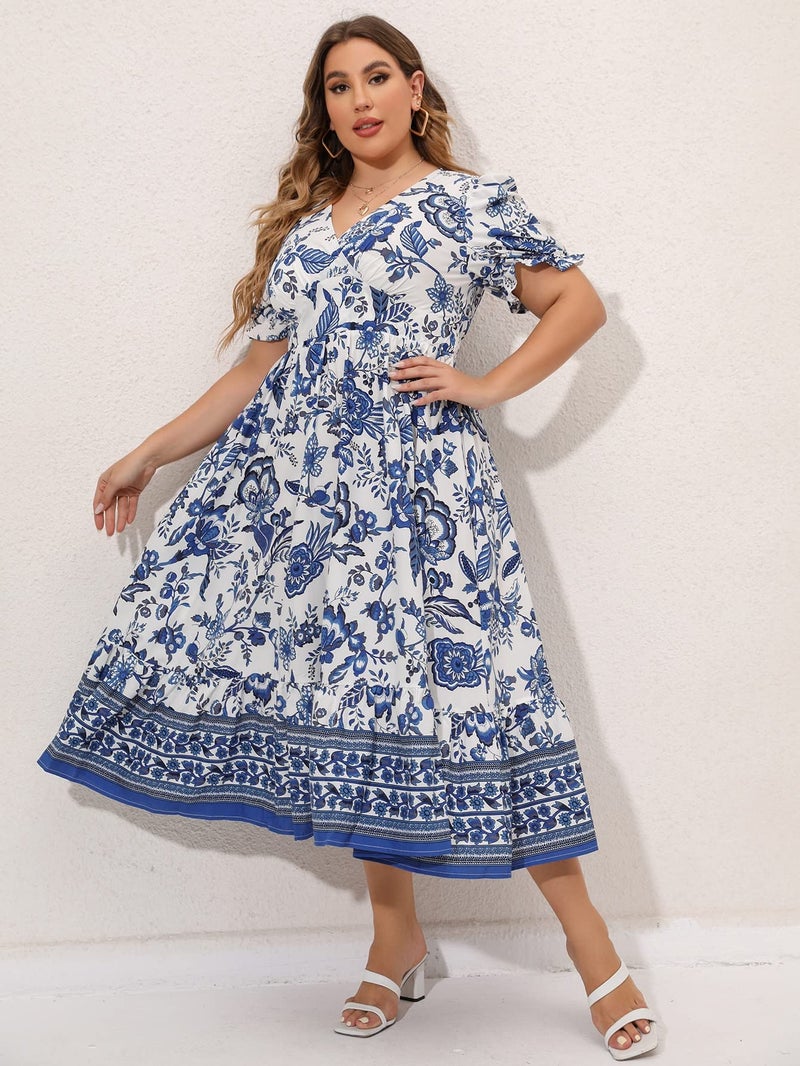 MakeMeChic Women's Plus Size Boho Floral Maxi Dress Curvy Short Sleeve Shirred Squared Neck Flomal Long Dress Blue and White 3XL - Image 4