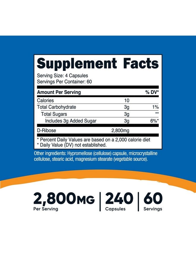 نيوتريكوست د-ريبوز 700 ملغ (2800 ملغ لكل حصة)، 240 كبسولة - مناسب للنباتيين، غير معدل وراثيًا، خالٍ من الغلوتين - Image 1