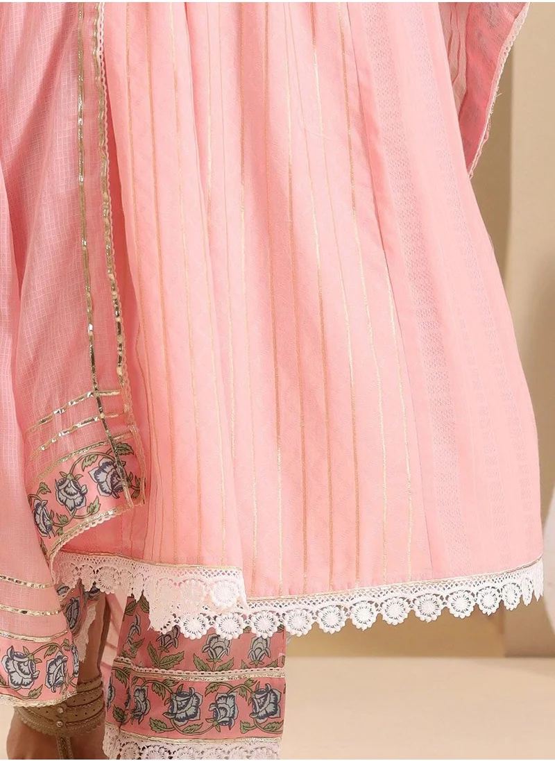 آي شين Women Peach cotton Dobby Kurta set with Dupatta