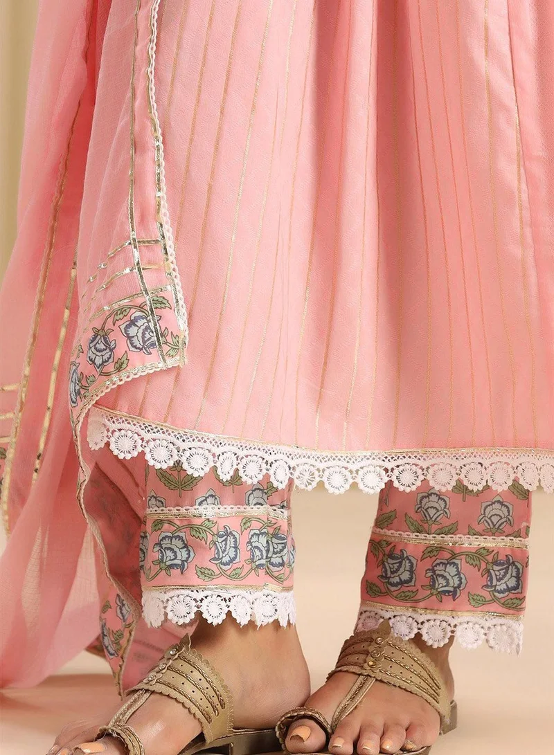 ISHIN Women's Peach Cotton Blend Embellished Tunic Full Length Palazzo Straight Fit Kurta Set