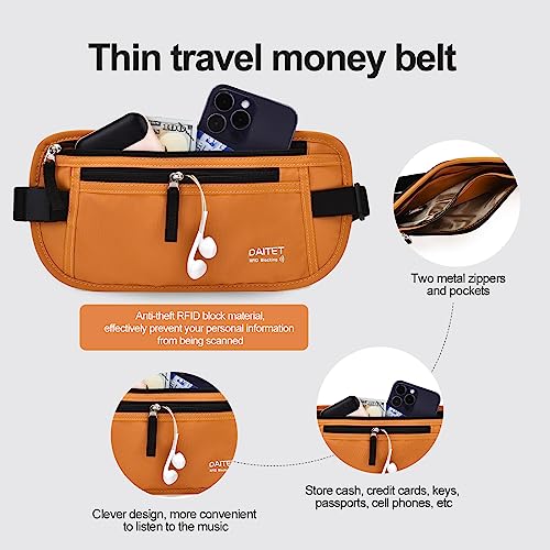 DAITET RFID Blocking Money Belt for Men Women, Slim Fanny Pack for Travel，Running,Conceal Waist Wallet for Passport Holder,Phone,Cash(Brown Orange) - Image 4