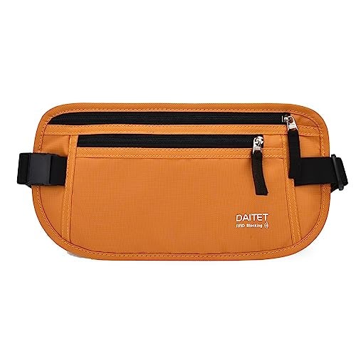 DAITET RFID Blocking Money Belt for Men Women, Slim Fanny Pack for Travel，Running,Conceal Waist Wallet for Passport Holder,Phone,Cash(Brown Orange) - Image 1