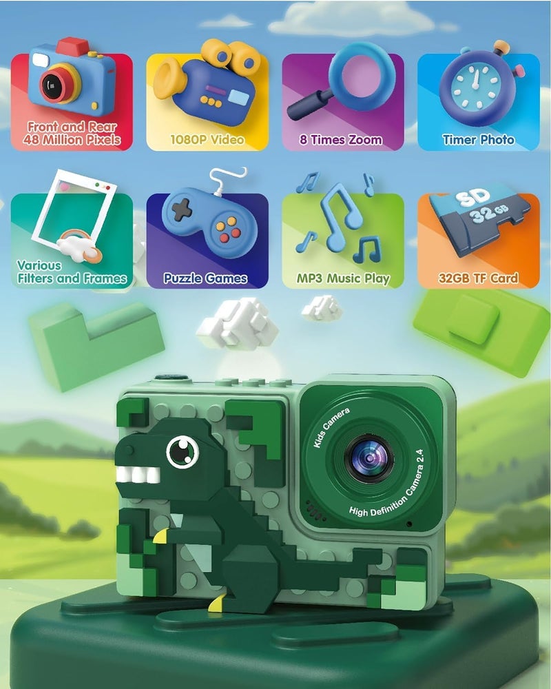 BLiSS HUES Digital Mini Camera for Kids (Ages 3-12) – Fun Unicorn Silicone Cover, Perfect Toy for Boys & Girls (Dino Blocks-Green) - Image 2