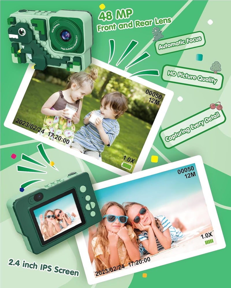 BLiSS HUES Digital Mini Camera for Kids (Ages 3-12) – Fun Unicorn Silicone Cover, Perfect Toy for Boys & Girls (Dino Blocks-Green) - Image 4