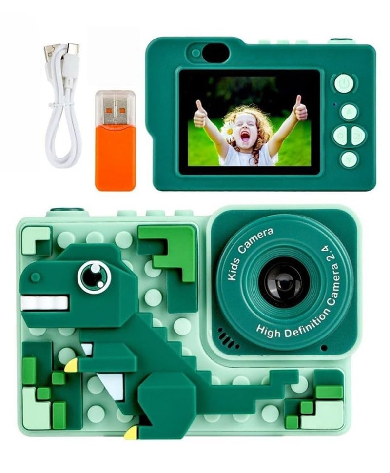 BLiSS HUES Digital Mini Camera for Kids (Ages 3-12) – Fun Unicorn Silicone Cover, Perfect Toy for Boys & Girls (Dino Blocks-Green) - Image 1