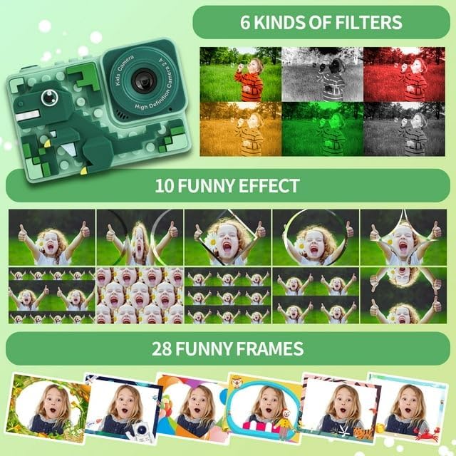 BLiSS HUES Digital Mini Camera for Kids (Ages 3-12) – Fun Unicorn Silicone Cover, Perfect Toy for Boys & Girls (Dino Blocks-Green) - Image 3