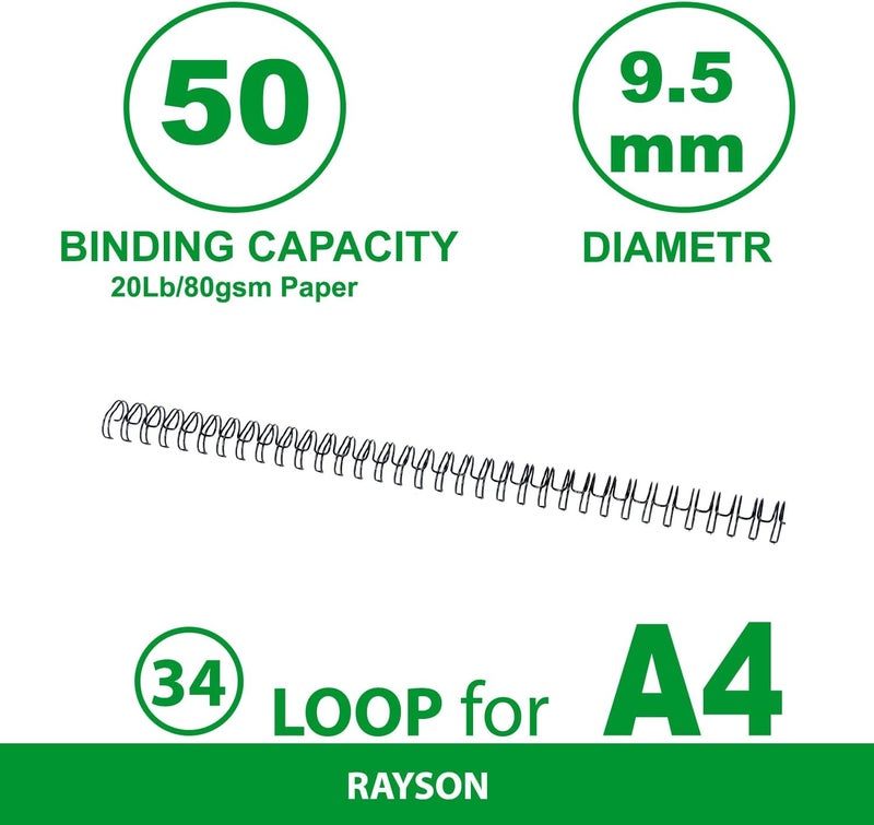 RAYSON 3:1 Double Loop Wire Binding Rings - 100pcs/Box, 9.5mm, 34 Loops, Durable Metal, Compatible with Square/Round Holes - Image 3