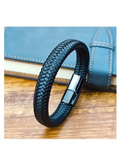 MARIO DRAFTS Men's Braided Leather Bracelet, Magnetic Clasp, Black, Fashion Bangle  - Image 1