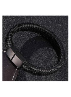 MARIO DRAFTS Men's Braided Leather Bracelet, Magnetic Clasp, Black, Fashion Bangle  - Image 5