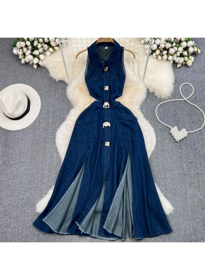 KUYING Retro Lapel Hollow Out Waist Cinched Waist Slimming Sleeveless Single Breasted A-Line Slit Denim Dress