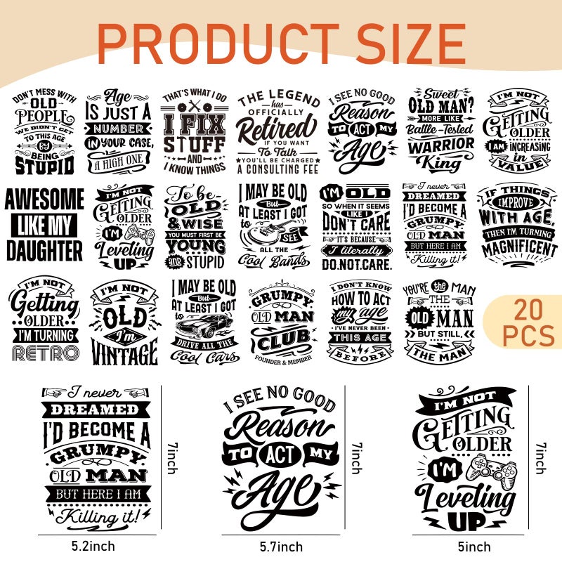 Dazoratix Retro Iron on Transfers - 20 PCs Old Man Ready to Press Vintage Black White Heat Transfer Stickers Washable Patches for Father T-Shirts Hat Appliques Bag Decals DIY Craft Clothes Decorations - Image 4