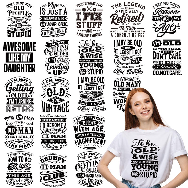 Dazoratix Retro Iron on Transfers - 20 PCs Old Man Ready to Press Vintage Black White Heat Transfer Stickers Washable Patches for Father T-Shirts Hat Appliques Bag Decals DIY Craft Clothes Decorations - Image 1