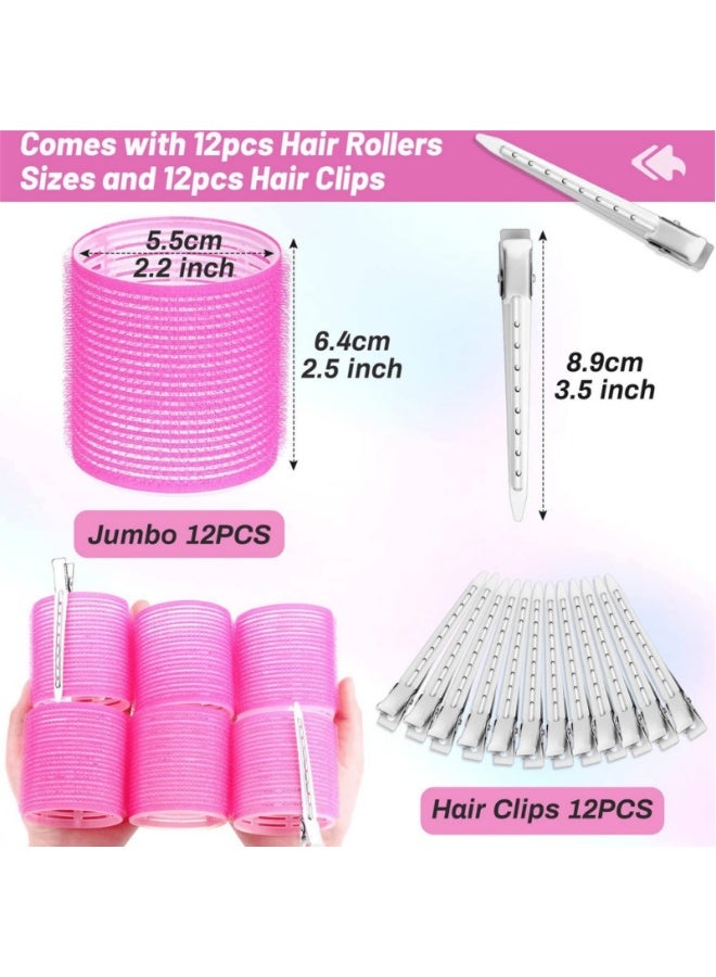 Rollers Hair Curlers, 24Pcs Set(12Pcs Jumbo Large Hair Rollers and 12 Pcs Hair Clips) for Long Thick Hair Volume,Self Grip Cling Sticky Curling Tools Salon Hairdressing Curlers Pink - Image 5