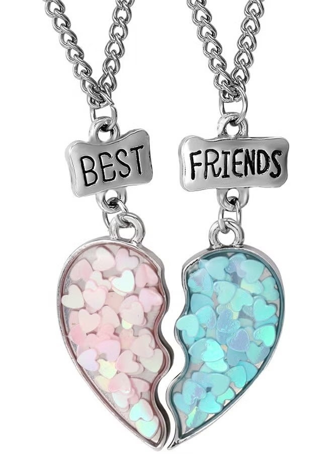 BFF Puzzle Heart Necklace Set for 2, Blue & Pink Sequin, Best Friend Forever Gift for Teen Girls - Image 1