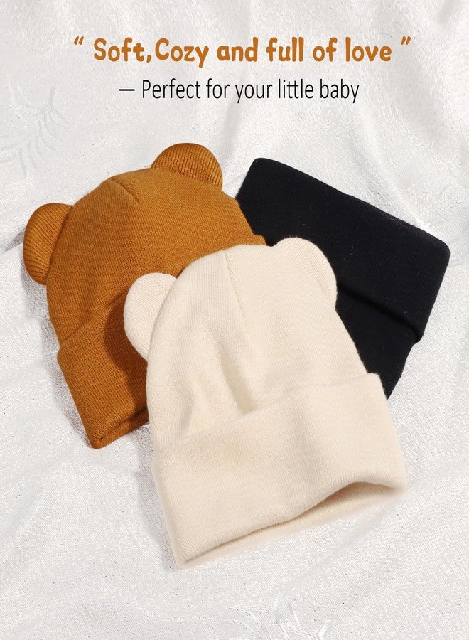 Weradau Baby Winter Beanie Hat Bear Ears for Kids Soft Knit Boys Girls Beanie Winter Warm, Beige & Caramel & Black 3pcs, 6-36 Months - Image 4