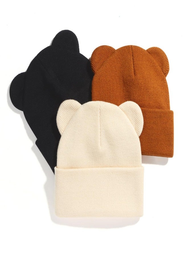 Weradau Baby Winter Beanie Hat Bear Ears for Kids Soft Knit Boys Girls Beanie Winter Warm, Beige & Caramel & Black 3pcs, 6-36 Months - Image 1