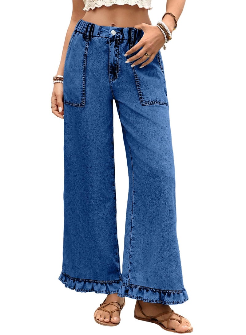 Astylish Summer 2026 Straight Leg Jeans for Women Elastic High Waisted Stretchy Denim Pants Casual Capris Baggy Jean Trousers with Big Pockets Sky Blue Size 8 - Image 1