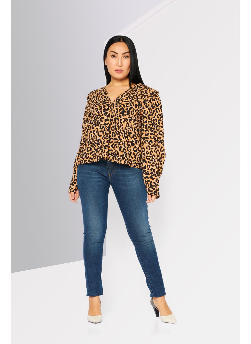 DKNY - Women V Neck Long Sleeves Animal Printed Blouse, Brown Combo - Image 1