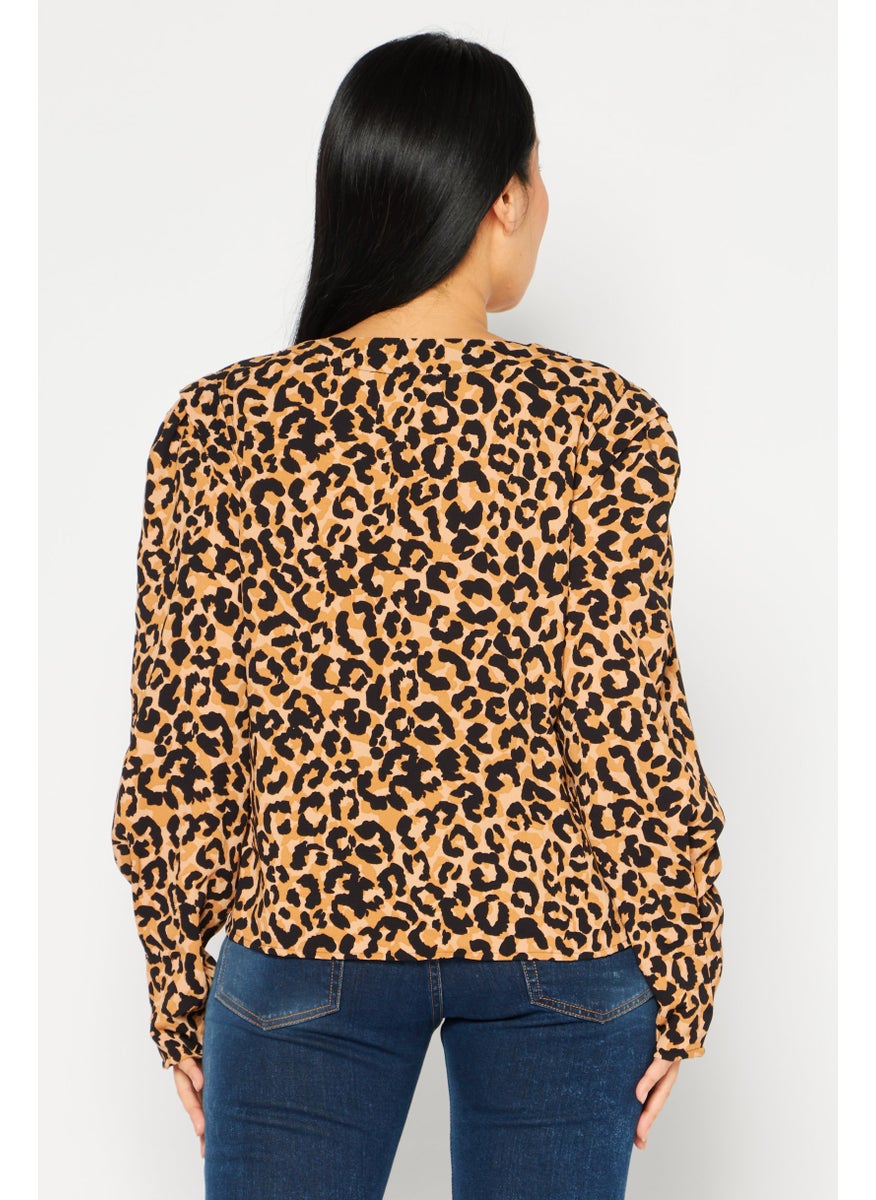 DKNY - Women V Neck Long Sleeves Animal Printed Blouse, Brown Combo - Image 1