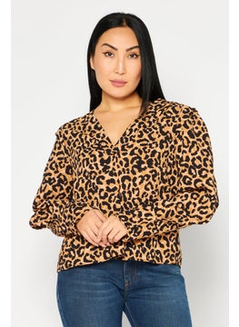 Women V Neck Long Sleeves Animal Printed Blouse, Brown Combo