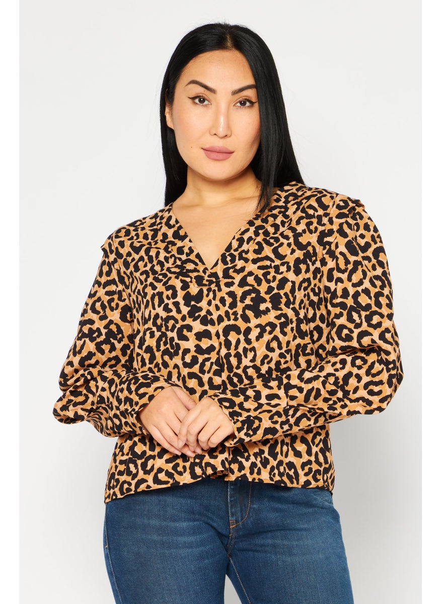 DKNY - Women V Neck Long Sleeves Animal Printed Blouse, Brown Combo - Image 1