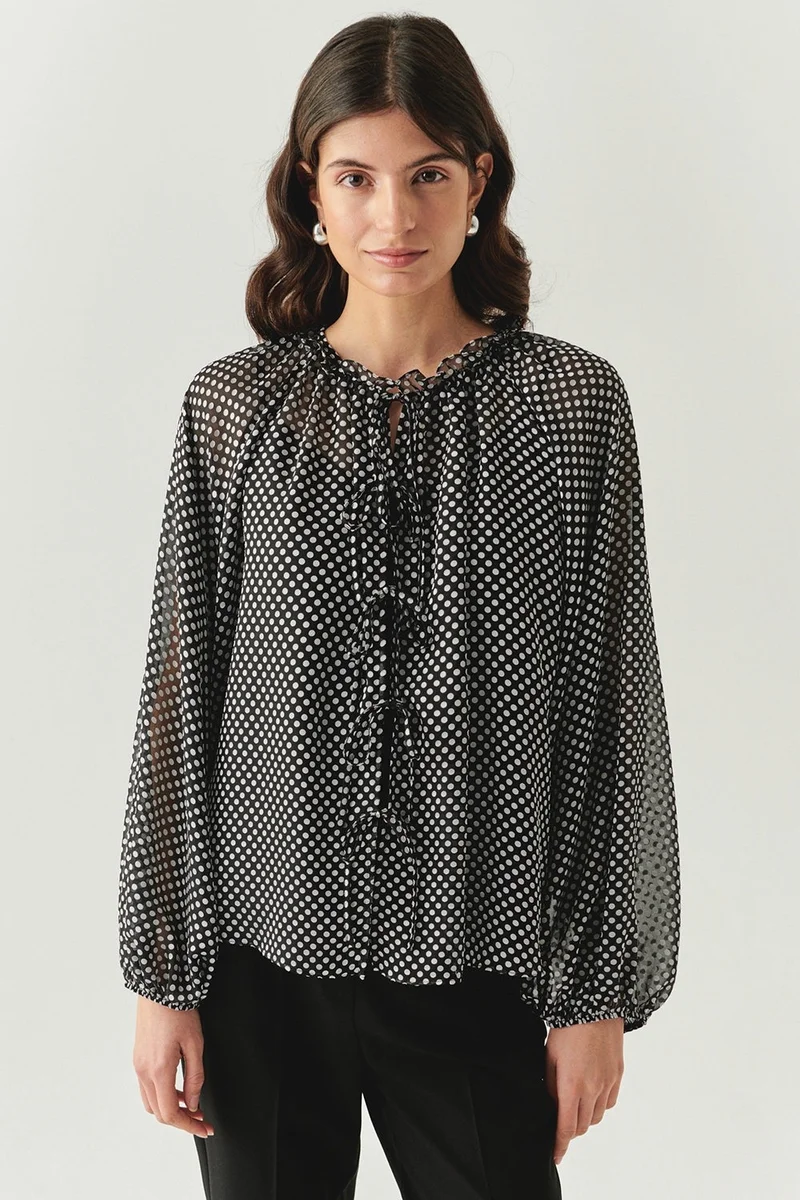 EXQUISE Polka Dot Long-Sleeved Drawstring Regular Grey Black Shirt