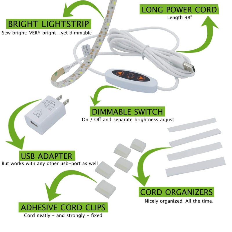 Madam Sew شريط إضاءة ماكينة الخياطة مادام سو | شريط إضاءة LED USB بطول 12 بوصة، أضواء بيضاء نظيفة لبراذر، جانومي، بيبي لوك، بف | قابل للتعتيم، سلك طاقة بطول 98 بوصة، ومشابك متضمنة - Image 2