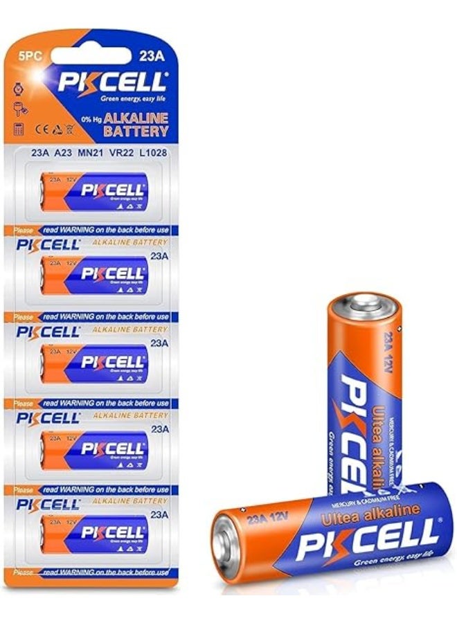 PKCELL MN21 A23 12V Alkaline Battery Pack of 5 | 23A 12 Volt Battery for Remote, Doorbell, Alarm & Garage Opener - Image 1