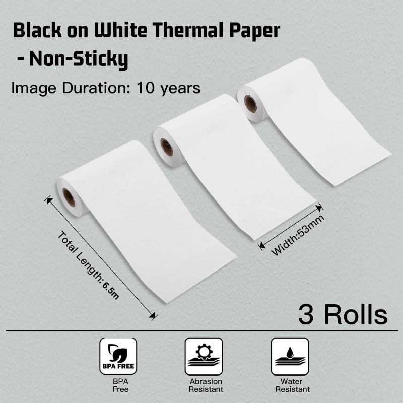 Memoking T02/M02X/M02L White Thermal Paper-10-Year Non-Sticky 53mmx6.5m for Journal Photo Texts Study Notes and More, 3 Rolls - Image 2
