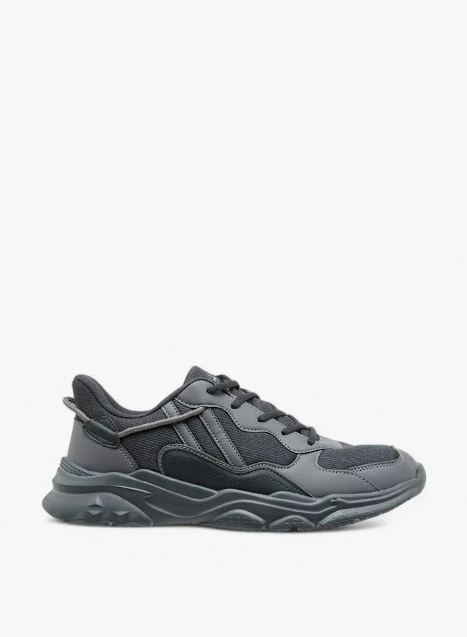 Panelled Sports Shoes with Lace-Up Closure and Pull-Tab