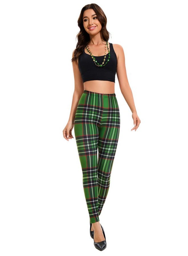 sissycos Women's 80s Leggings Artistic Splash Printed Buttery Soft Stretchy Pants, Green Check, Large-XX-Large - Image 3