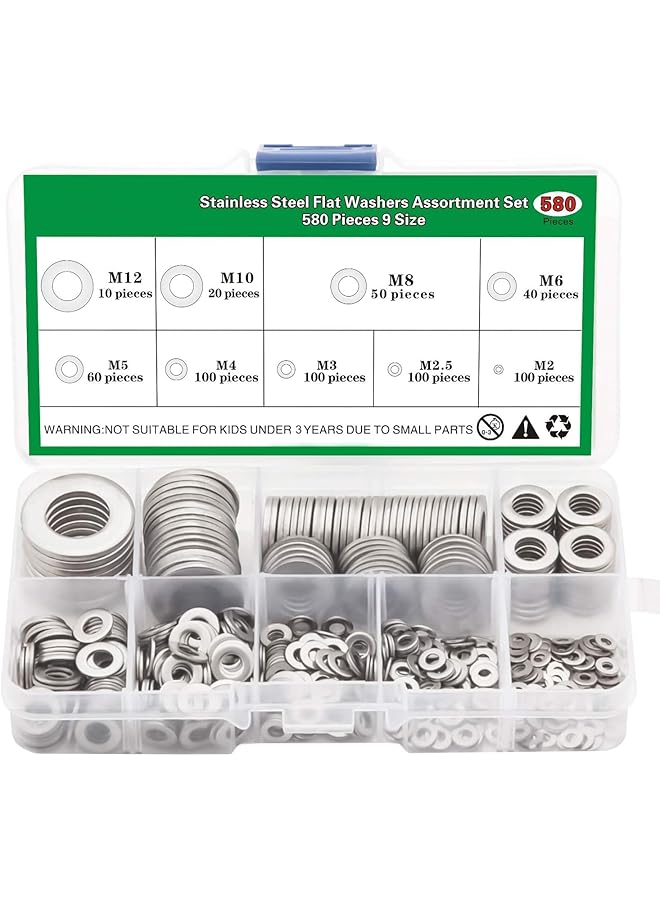 304 Stainless Steel Flat Washers Set 580 Pieces, 9 Sizes - M2 M2.5 M3 M4 M5 M6 M8 M10 M12 Suitable for Home Decoration, Factories Repair, Kitchens, Shops and Outdoor Construction - Image 1