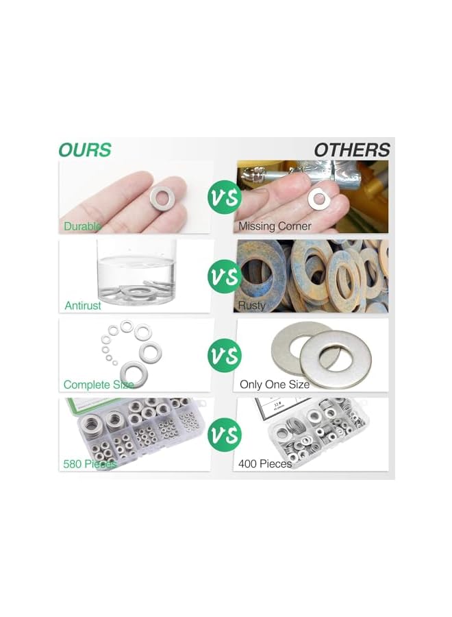304 Stainless Steel Flat Washers Set 580 Pieces, 9 Sizes - M2 M2.5 M3 M4 M5 M6 M8 M10 M12 Suitable for Home Decoration, Factories Repair, Kitchens, Shops and Outdoor Construction - Image 2
