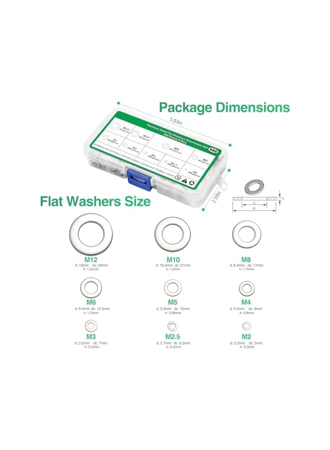 304 Stainless Steel Flat Washers Set 580 Pieces, 9 Sizes - M2 M2.5 M3 M4 M5 M6 M8 M10 M12 Suitable for Home Decoration, Factories Repair, Kitchens, Shops and Outdoor Construction - Image 3