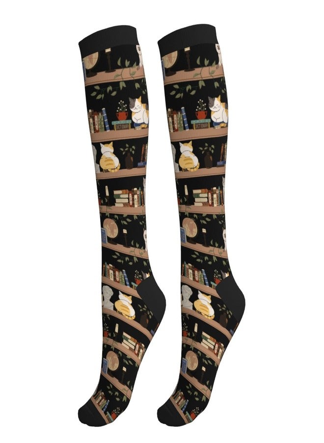 bassyil Cat Reading Book Library Compression Socks for Women & Men Circulation 15-20 mmHg Knee High Best Support for Nurses Travel Running Athletic - Image 1