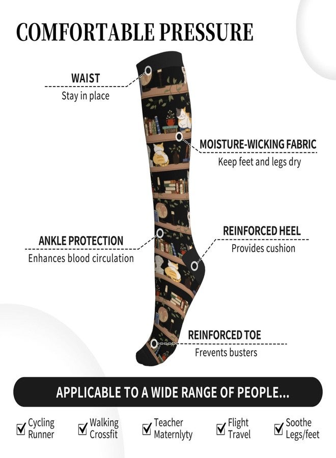 bassyil Cat Reading Book Library Compression Socks for Women & Men Circulation 15-20 mmHg Knee High Best Support for Nurses Travel Running Athletic - Image 4