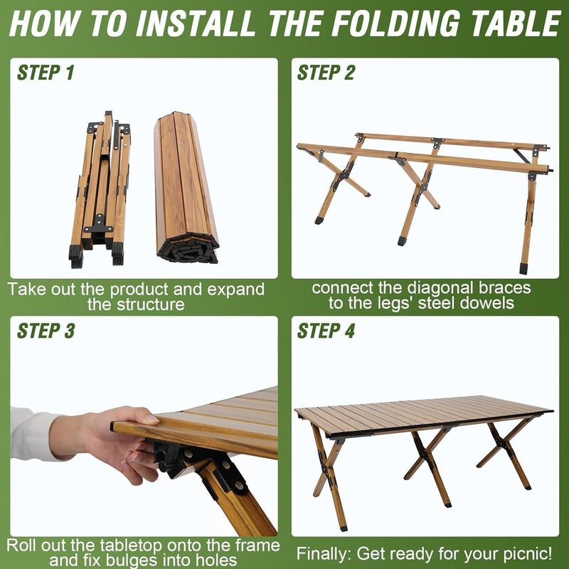 Maykela Outdoor Folding Egg-roll Table Folding Table,Portable Picnic Table,Folding Picnic Table,Wooden Folding Table,Party Dining Camp Table,Adjustable Height Roll Up Floor Table Indoor Outdoor BBQ - Image 5