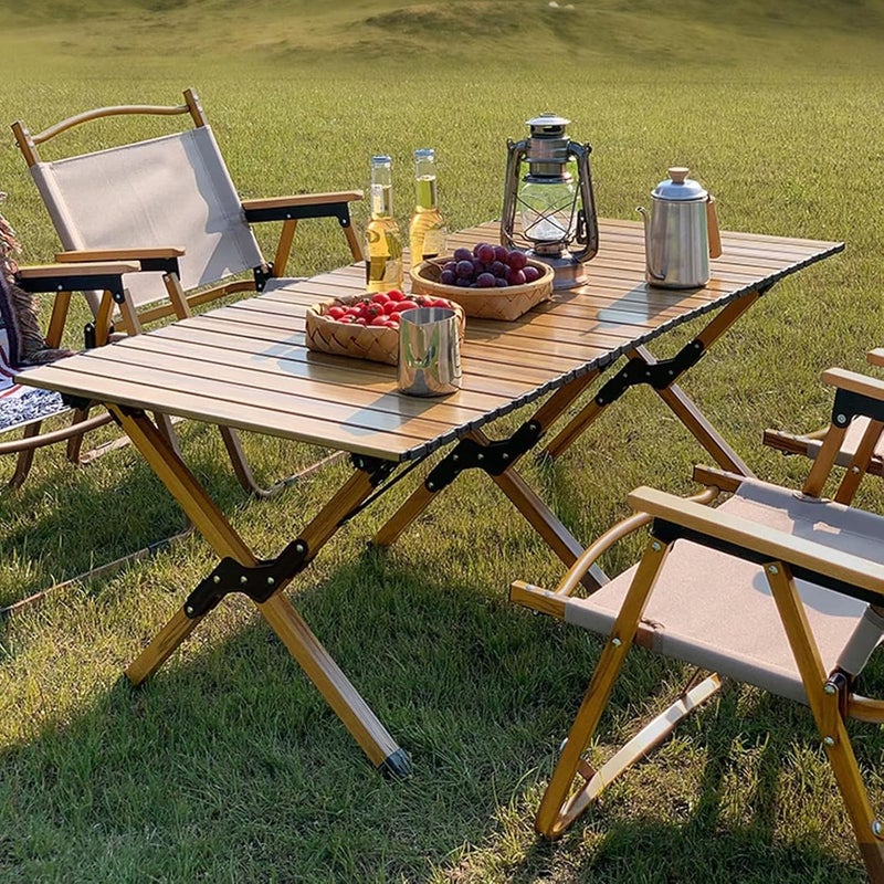 Maykela Outdoor Folding Egg-roll Table Folding Table,Portable Picnic Table,Folding Picnic Table,Wooden Folding Table,Party Dining Camp Table,Adjustable Height Roll Up Floor Table Indoor Outdoor BBQ - Image 2