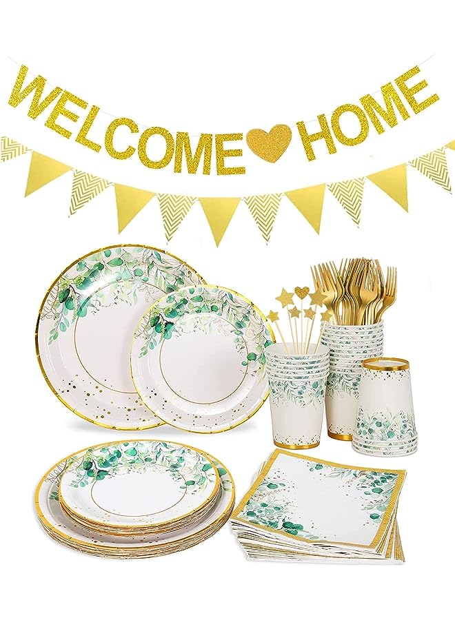 Raxoom Disposable Tableware & Decorations Eid Mubarak Holiday Birthday Party Supplies Set, 24 Servings Paper Plates Cutlery Cups Napkins Forks Banners Cake Toppers (Party-Green Leaf) - Image 1