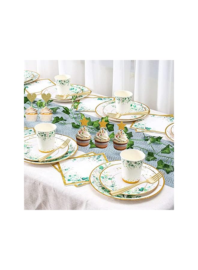 Raxoom Disposable Tableware & Decorations Eid Mubarak Holiday Birthday Party Supplies Set, 24 Servings Paper Plates Cutlery Cups Napkins Forks Banners Cake Toppers (Party-Green Leaf) - Image 4
