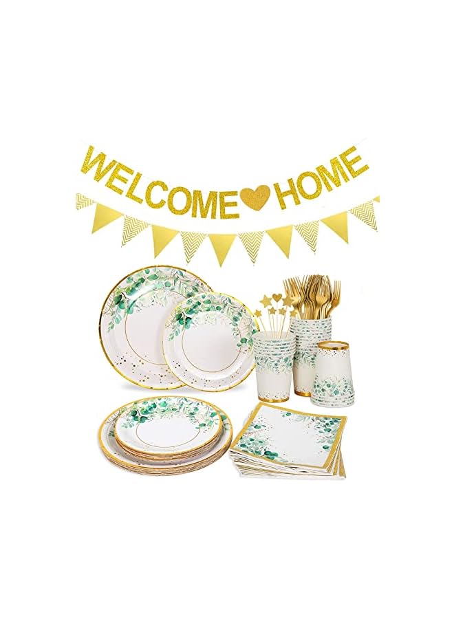 Raxoom Disposable Tableware & Decorations Eid Mubarak Holiday Birthday Party Supplies Set, 24 Servings Paper Plates Cutlery Cups Napkins Forks Banners Cake Toppers (Party-Green Leaf) - Image 2