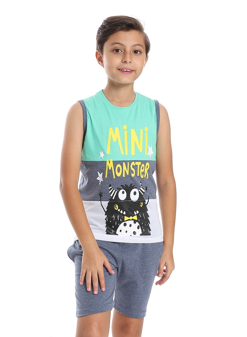 Andora طقم بيجامة ميني مونستر للأولاد باللون الأخضر الفاتح والرمادي والأبيض متعدد الألوان - Image 1