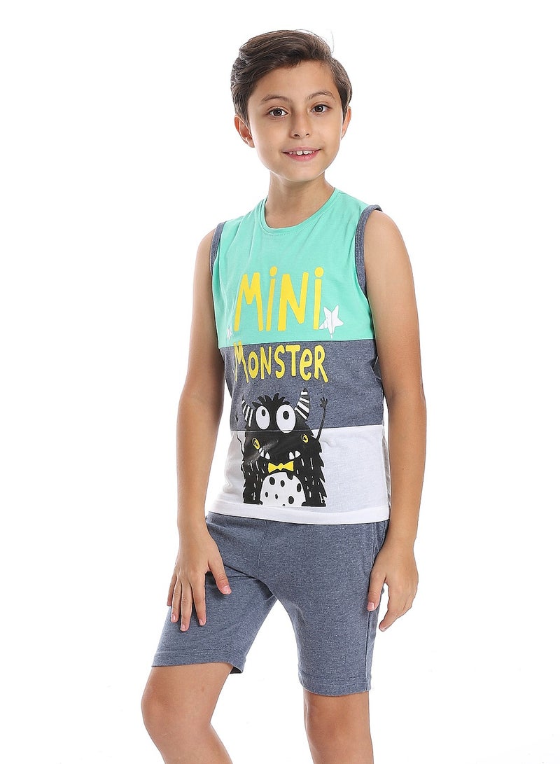 Andora طقم بيجامة ميني مونستر للأولاد باللون الأخضر الفاتح والرمادي والأبيض متعدد الألوان - Image 2