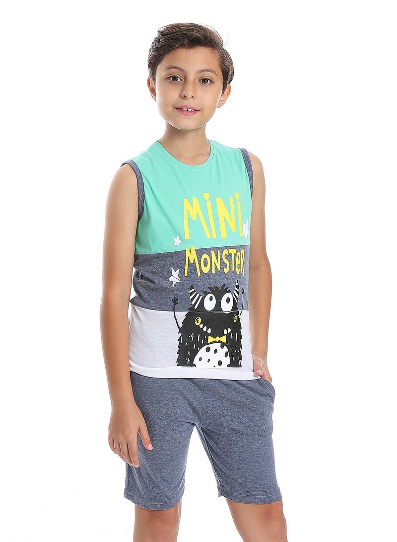 Andora طقم بيجامة ميني مونستر للأولاد باللون الأخضر الفاتح والرمادي والأبيض متعدد الألوان - Image 3