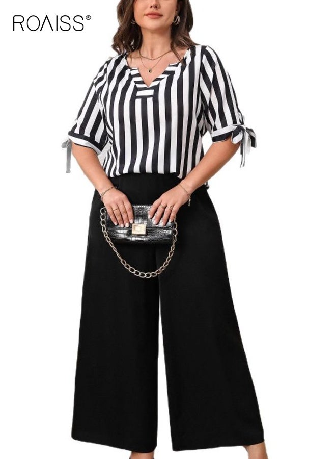 رويس طقم نسائي صيفي فضفاض بمقاسات كبيرة، مكون من بلوزة مخططة كاجوال، وبنطلون واسع الساق، وبلوزة بفتحة رقبة على شكل حرف V، وأكمام بنطلون قصيرة مع فيونكة، وزي أسود للمكتب - Image 5